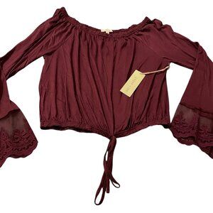 NWT Paper + Tee Burgundy Bell Sleeve Off-the-Shoulder Boho Lace Trim Top Large